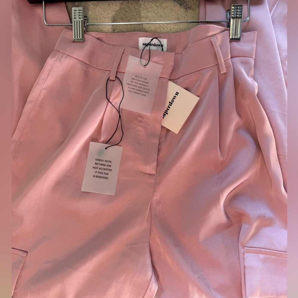 Superdown Seleste Pink Satin Drawstring Cargo Joggers - Picture 7 of 8